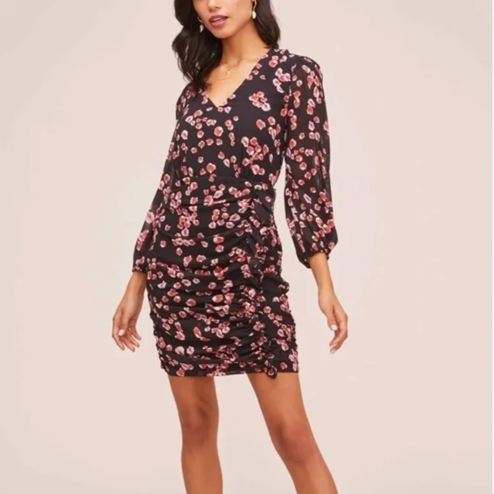 ASTR The Label Red Petal Floral Print Shirred Long Sleeve Mini Dress